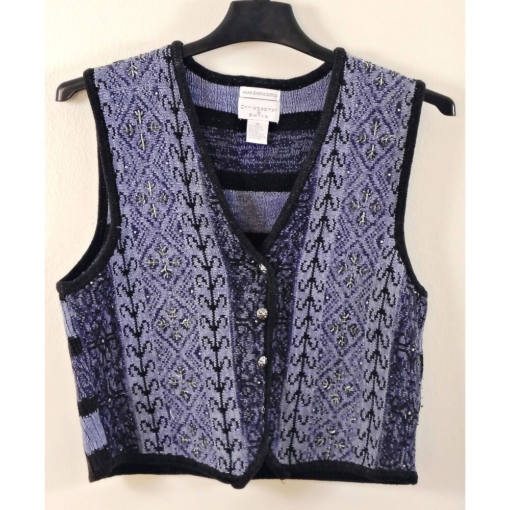 Christopher & Banks Vest Hand Embroidered Knit Vest Cozy Casual Womens Sz M